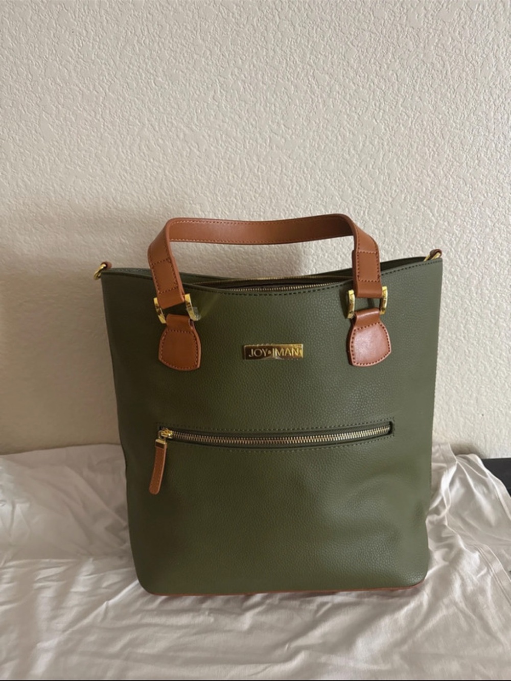 Joy & Iman Olive Green Leather Tote with Tan Handles